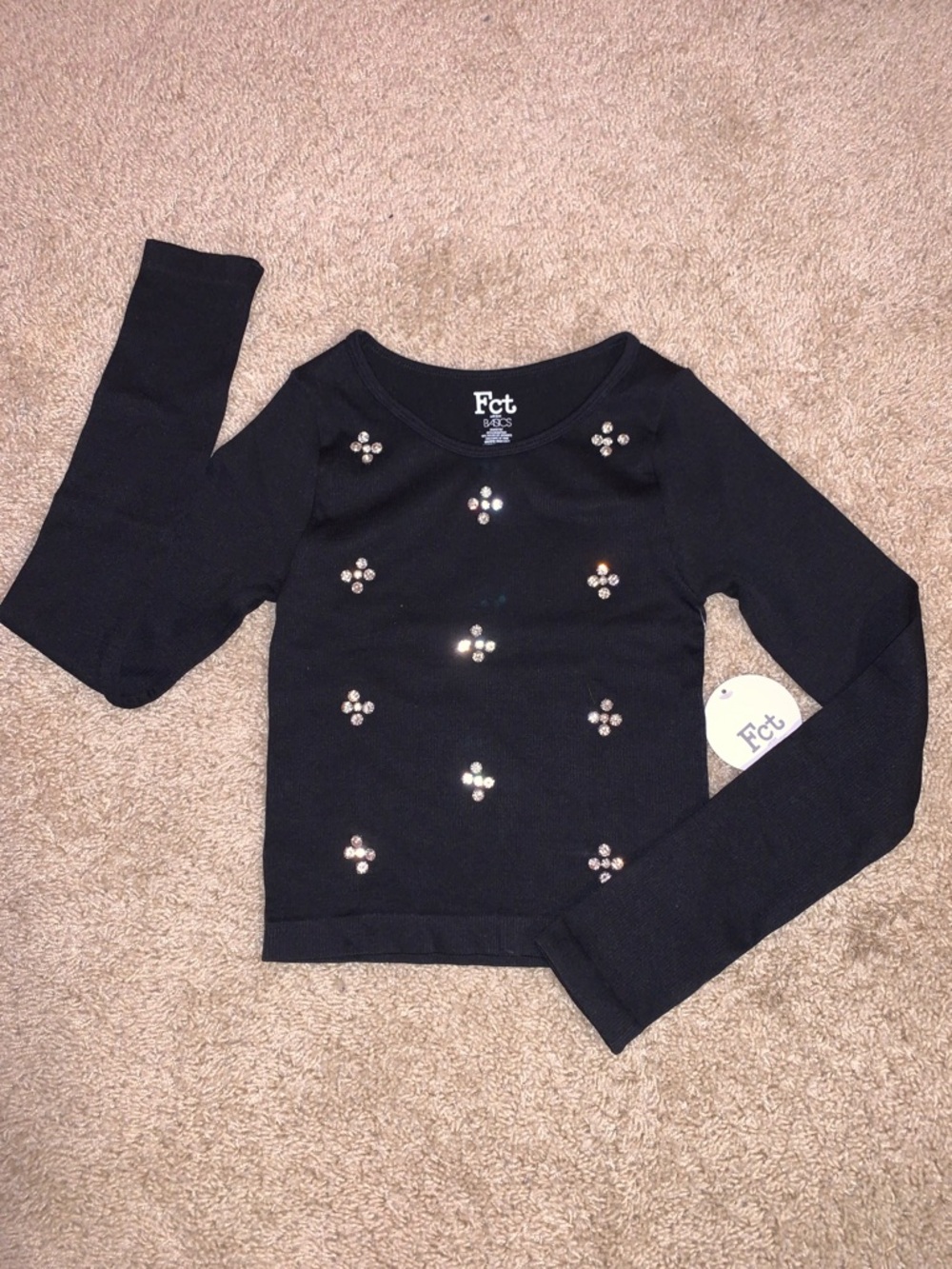 NWT Fct Women’s Black Gem Embellished Long Sleeve Ribbed Stretchy Cropped Top